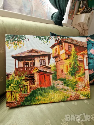 Прекрасна Картина с Пейзаж от Български Етно Къщи / Домашен Уют в Цветове !, снимка 1