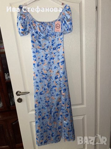 Нова етикет дълга синя буфан ръкав цепка  ежедневно елегантна рокля флорален принт  нежни цветя , снимка 2 - Рокли - 41348334