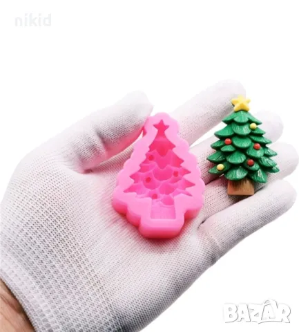 Елха на пластове със звезда и топки силиконов молд форма фондан шоколад гипс декор украса, снимка 2 - Форми - 48120333