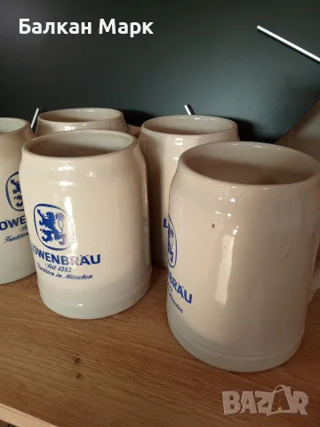 🔥 Ретро класика от Мюнхен! 5 бр. оригинални немски глинени халби Löwenbräu (West Germany),нови, снимка 3 - Чаши - 55726017