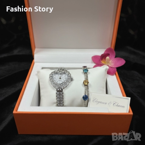 Сърцевиден дамски часовник с гривна и кристали – стил и практичност в кутия, снимка 2 - Дамски - 51935579