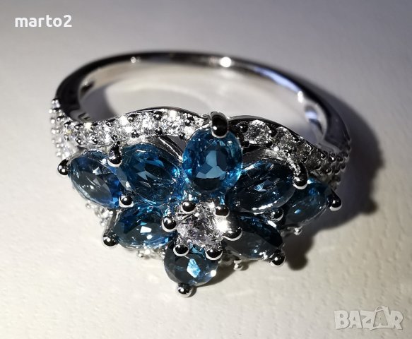 Елегантен сребърен 925 пръстен с родиево покритие и Натурални London Blue Топази и Циркони!, снимка 5 - Пръстени - 42381089