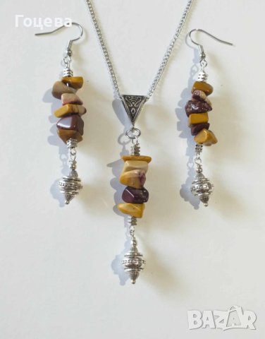 Бохо комплект обици и колие с камъни Мокаит и орнаменти цвят сребро , снимка 4 - Бижутерийни комплекти - 41967682