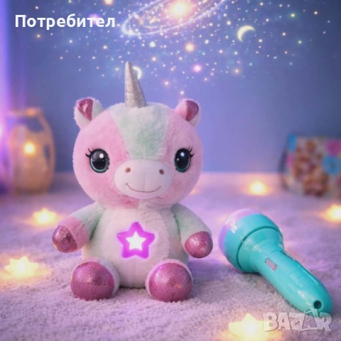 Плюшена играчка с нощна лампа 2в1 + детски фенер-проектор със светлинни картинки – комплект за уют и