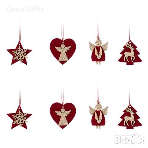 8 броя Комплект Дървени играчки за елха в 4 дизайна, 5 см, снимка 2 - Декорация за дома - 42690324