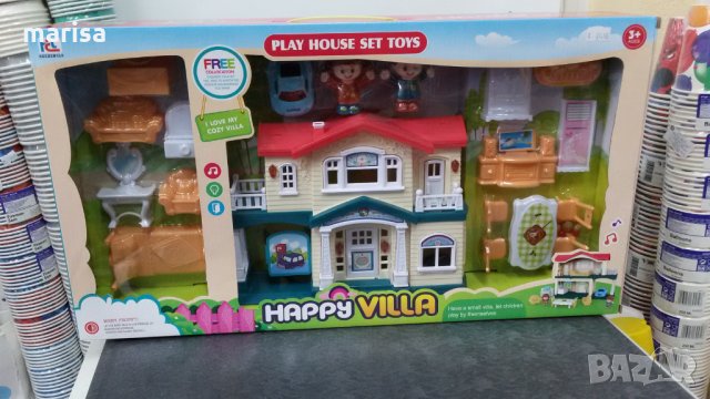 Къща с кукли и обзавеждане, автомобил звук и светлина Вила на щастието-6646
