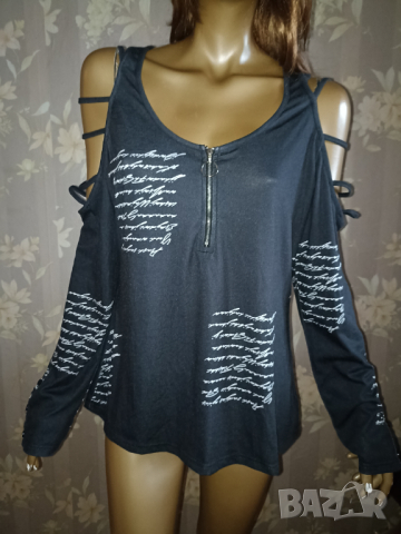 Sheilay L-Ефектен топ/ блуза с надписи и интересен ръкав , снимка 2 - Блузи с дълъг ръкав и пуловери - 44773141