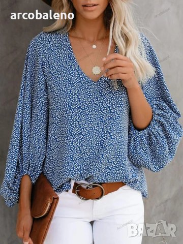 Дамска ежедневна риза с щампован фенерски ръкав с V-образно деколте, 9цвята , снимка 6 - Ризи - 42039048