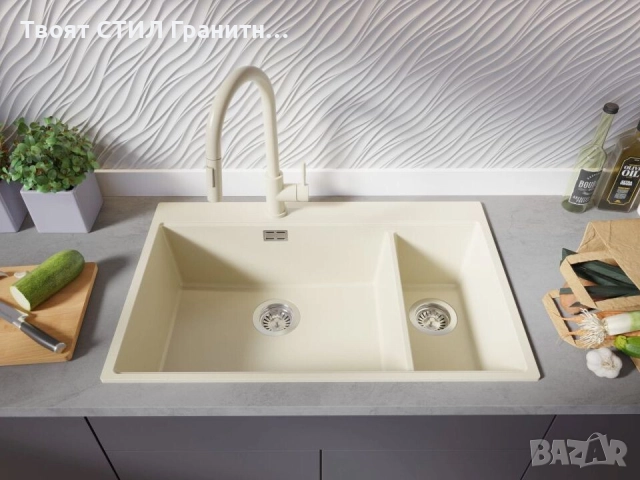 Бежав кухненска гранитна мивка Осло 80 Duo Top 780x500 мм, снимка 4 - Мивки - 52548514