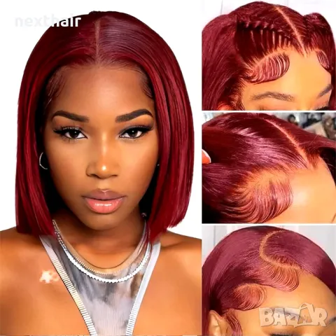 Естествена права 30 см тъмно червена перука с дантела 13x4 лейс фронт, снимка 2 - Аксесоари за коса - 47909140