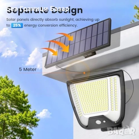 Нова Соларна охранителна лампа 288 LED 3 режима PIR IP65 отделен панел, снимка 4 - Лед осветление - 53682236