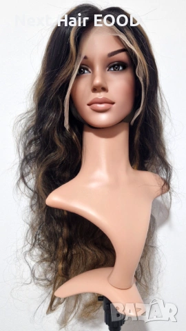 Естествена черна чуплива перука от бразилска човешка коса с руси кичури 75 см - Lace Front 13x6, снимка 3 - Аксесоари за коса - 53294971