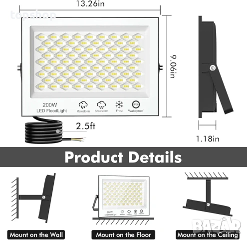 Чисто нови Комплект 2 броя LED Прожектори WOWSPEED 200W – Мощно Външно Осветление , снимка 2 - Прожектори - 53450142
