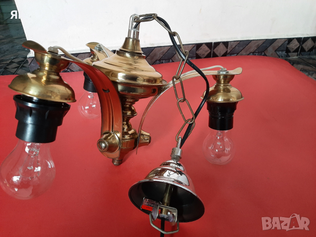 Стар Ретро Полилей Лампа от Бронз с 3 крушки, снимка 2 - Лампи за таван - 44652576