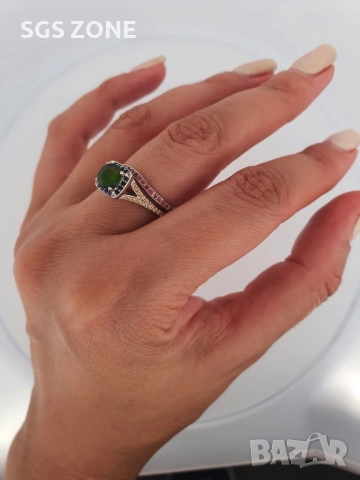 Двойни сребърни пръстени с опал и разпръснати сапфири, снимка 4 - Колиета, медальони, синджири - 52401232