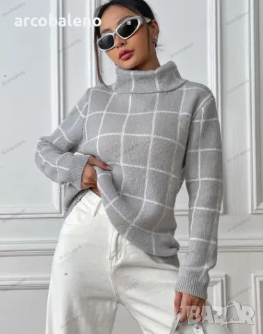 Дамски контрастен кариран пуловер с висока яка, 4цвята , снимка 2 - Блузи с дълъг ръкав и пуловери - 47979369