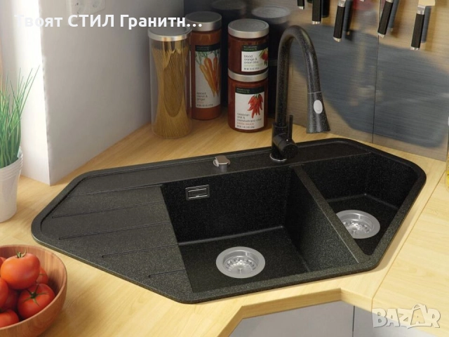 Графит ъглова кухненска гранитна мивка Копенхаген 900 Corner 900x500 мм, снимка 3 - Мивки - 51892475