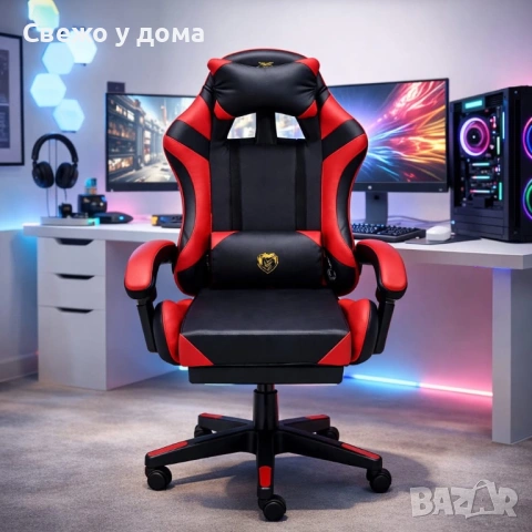 Премиум геймърски стол с масажна функция, поставка за крака и ергономична метална рамка, PU кожа - р