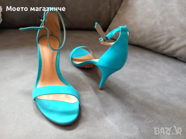 Уникални тюркоазени сандали Schutz от естествен набук - №38, снимка 3 - Дамски обувки на ток - 52070653