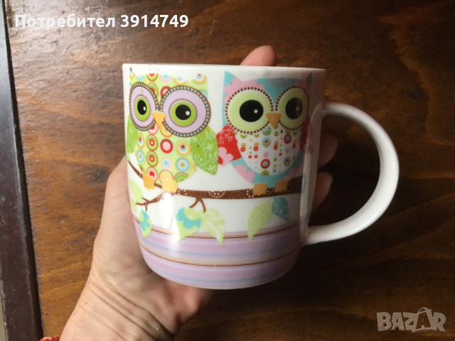 Чаша керамична за кафе, чай с артизански принт на Бухал / Сова, 320 мл, НОВА