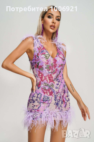 Къса флорални рокля с пайети и пера в лилаво, снимка 3 - Рокли - 44584926