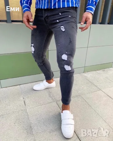 Мъжки черни накъсани дънки Slim fit от еластичен деним - 30 (размер)