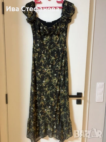 Нова елегантна буфан ръкав еластична  цепка дълга романтична рокля нежен флорален принт 