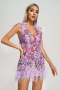 Къса флорални рокля с пайети и пера в лилаво, снимка 3