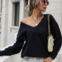 Дамски широк пуловер с маншет и копчета, 2цвята - 023, снимка 2 - Блузи с дълъг ръкав и пуловери - 42407410