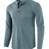 Мъжка едноцветна вафлена тениска с дълъг ръкав Henley, 8цвята - 023, снимка 16 - Тениски - 42069624