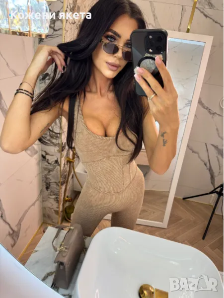 Рипс оформящи дълги гащеризони без ръкав с дебели презрамки стегнати уникална материя, снимка 1