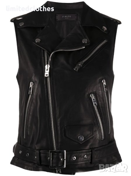 AMIRI Black Fringed Biker Leather Дамски Кожен Елек size 42 (M), снимка 1