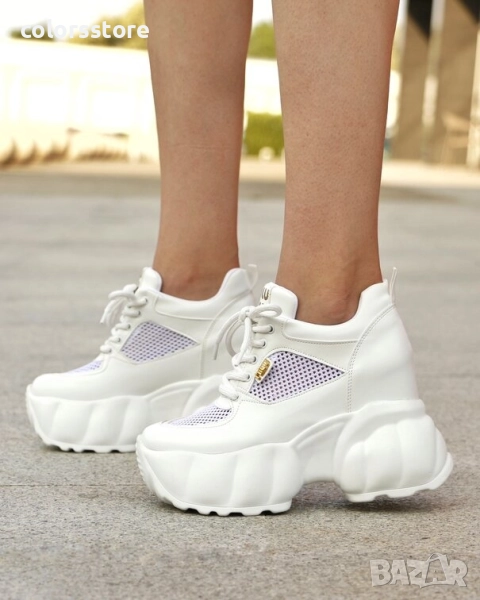 Кецове на платформа - бяла кожа и мрежа - PA700 , снимка 1