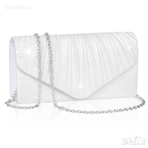 Бял клъч Larcenciel, чанта с брокат, снимка 1