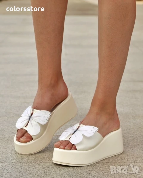 Чехли на платформа - бяла перла с пеперуда - CL765

, снимка 1