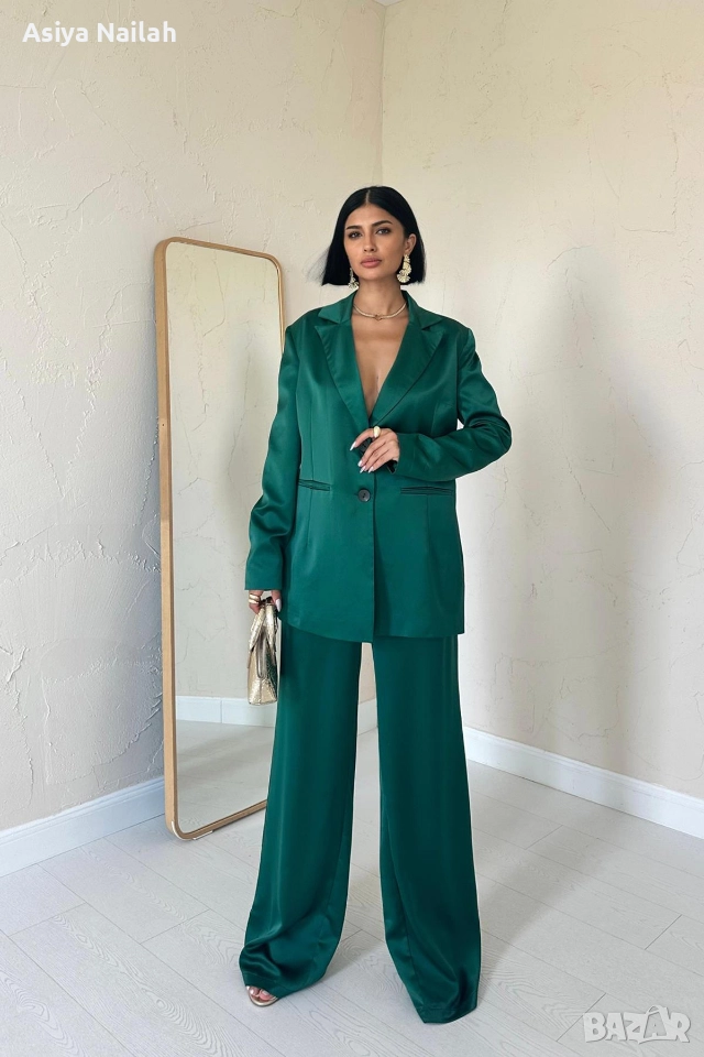 Дамски зелен костюм от две части – сако и панталон с ластик, снимка 1