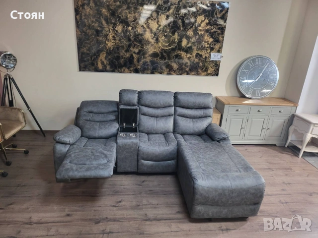 Сив ъглов диван от плат с лежанка с ръчен релаксиращ механизъм, снимка 6 - Дивани и мека мебел - 53693611