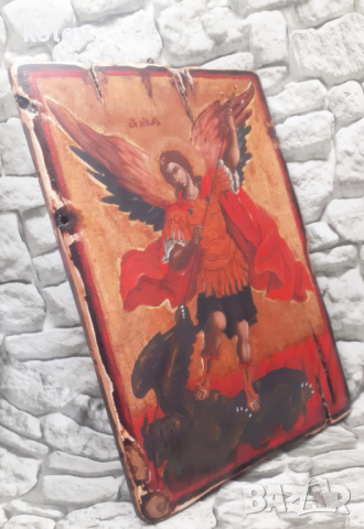 НОВА! Икона Архангел Михаил убива Дявола  30/21 см, декупаж, уникат, снимка 2 - Икони - 38587283