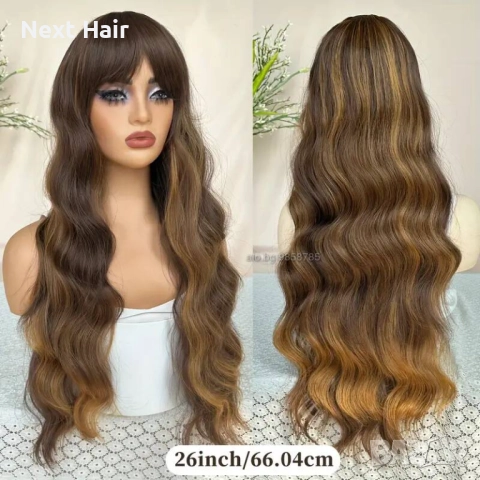 Кафява перука с руси кичури и бретон, снимка 5 - Аксесоари за коса - 52897424