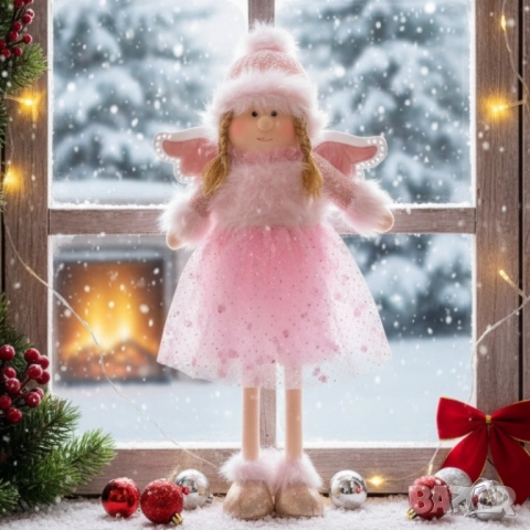 Декоративен текстилен коледен ангел в розово – 80 см, снимка 4 - Други - 52134149