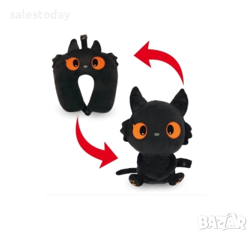 Детска въглавница за път, 2 в 1, Котка с оранжеви очи, Плюш