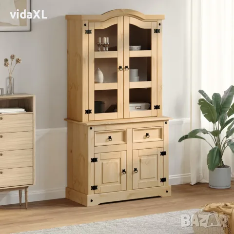 vidaXL Стъклен шкаф витрина Corona 100x48,5x179 см бор масив, снимка 3 - Бюфети - 56147469
