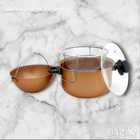 Тенджера с гевгир и кошница за пържене Voltz, 24*12.5см., Меден\въгл. стомана с незалеп. покр., снимка 1