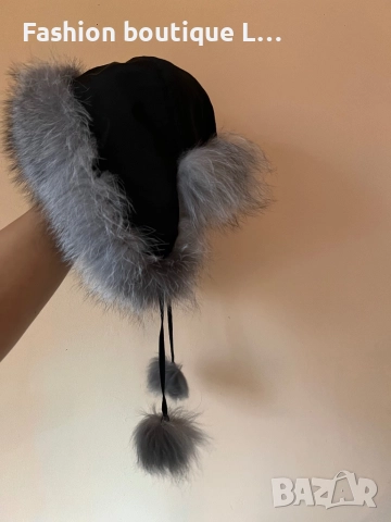 Дамска черна пухена шапка с ушанки и сив косъм ❤️, снимка 7 - Шапки - 52859601