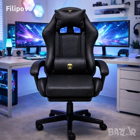 Ергономичен геймърски стол с масажна функция и поставка за крака – черно-син