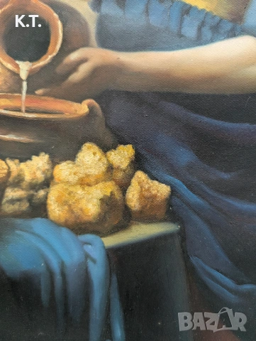 Картина, масло върху платно, ръчно рисувана репродукция на Вермер, снимка 3 - Антикварни и старинни предмети - 53730858