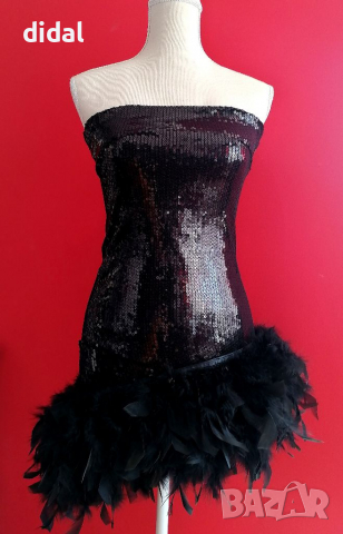 Коктейлна рокля с пайети и пера , снимка 1 - Рокли - 36211832