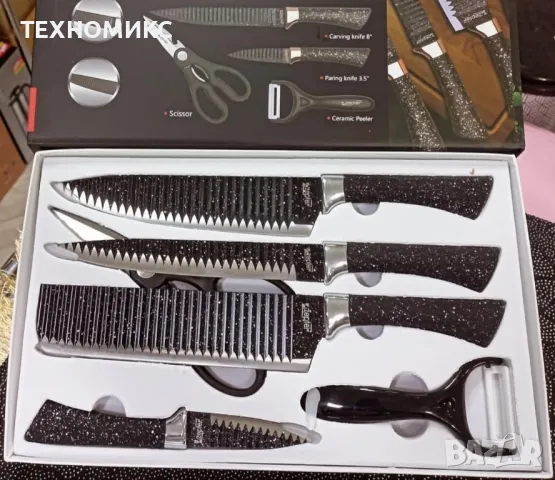 Комплект стоманени ножове , 6 части, незалепващо покритие, черен, снимка 9 - Други - 49230341