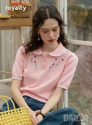 Блуза във френски стил с флорална бродерия и копчета в розово 🍓, снимка 6 - Блузи с дълъг ръкав и пуловери - 49206076