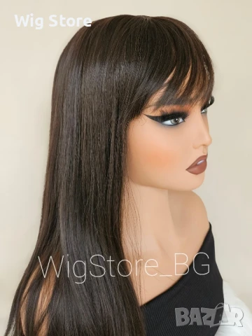Тъмно кафява дълга перука с бретон, снимка 4 - Аксесоари за коса - 51422118